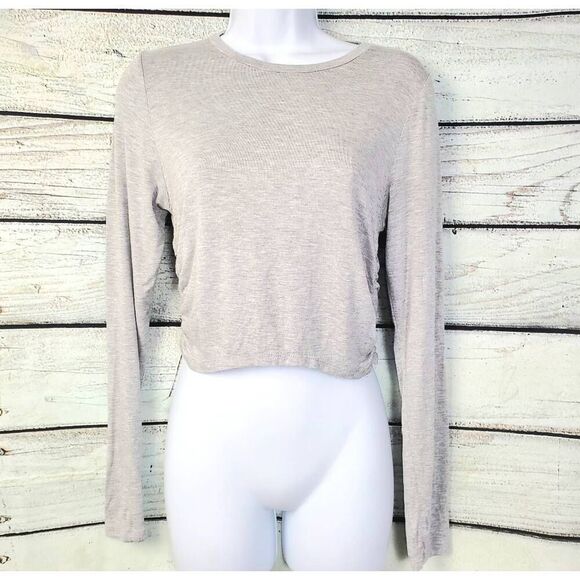 Antistar Gray Long Sleeve Side Ruched Crop Top Stretchy Lightweight Tee L - Picture 1 of 6